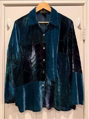 VTG Mirasol Button Up Shirt Women's Large Burnt Out Velvet Blues Purples Artsy
